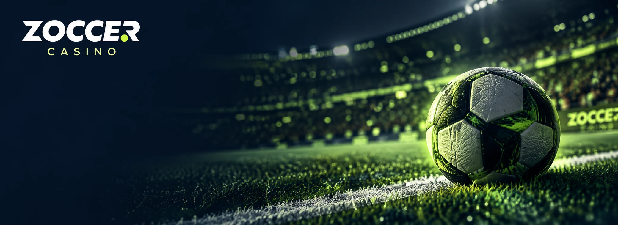 Fußball auf der Seitenlinie im Flutlicht-Bokeh mit der Zoccer Wortmarke auf navyblauem Grund